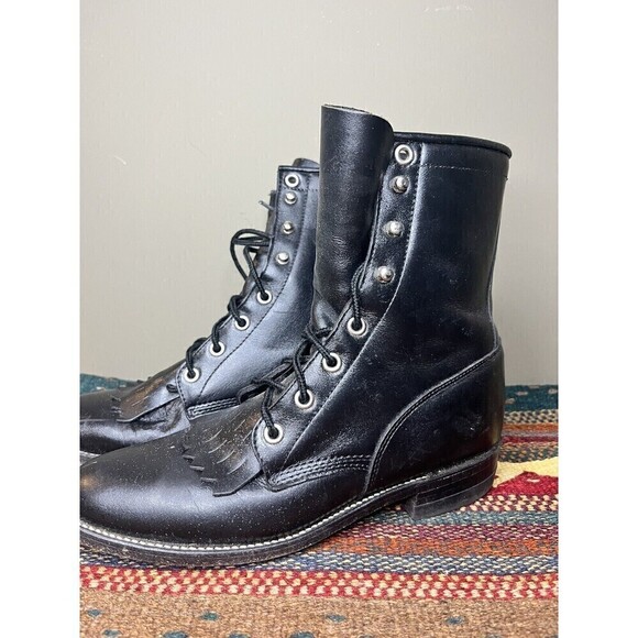Vintage Justin Womens 6 B Black Kiltie Roper Leather Lace Up Western Boots - Picture 3 of 10